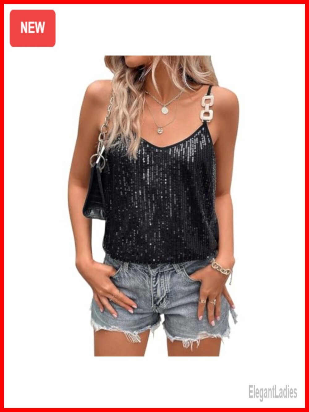 Sequin Sparkle V Neck Spaghetti Strap Tank Top Shiny Glitter Party Club Camisole